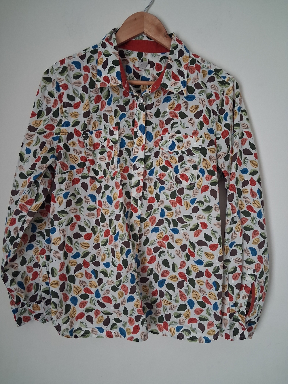 Talbots Women Long-Sleeve Fall Leaf Print Button Down Shirt Multi Artsy L